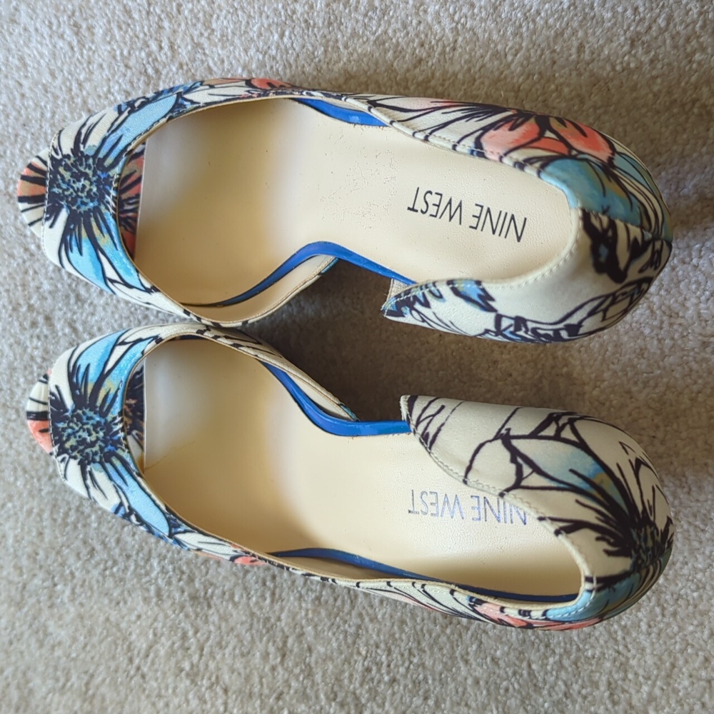 NWOT Nine West Constance Cream, Blue and Orange Floral Peep Toe Heels, Sz 7.5 - Picture 8 of 8